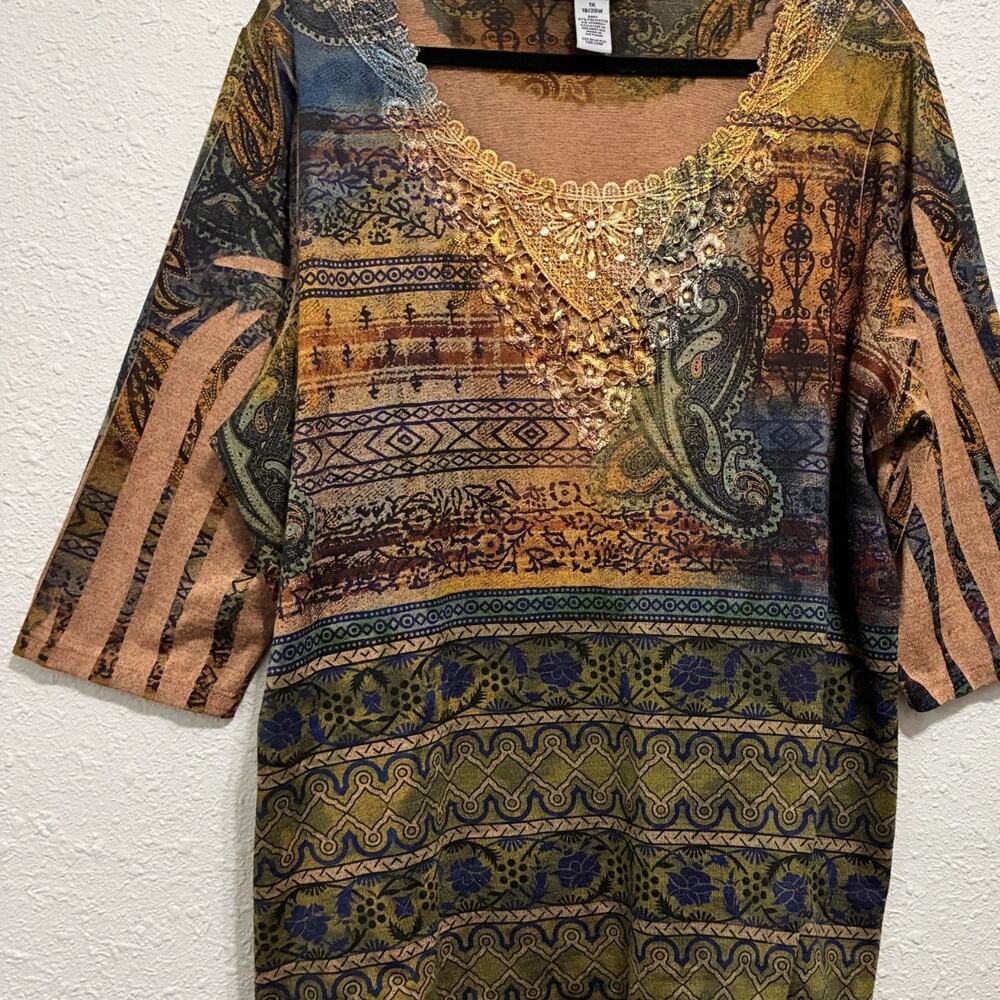 CATHERINES Paisley Fall Boho Tunic Top Embellished Crochet Lace 3/4 Sleeve Sz 1X